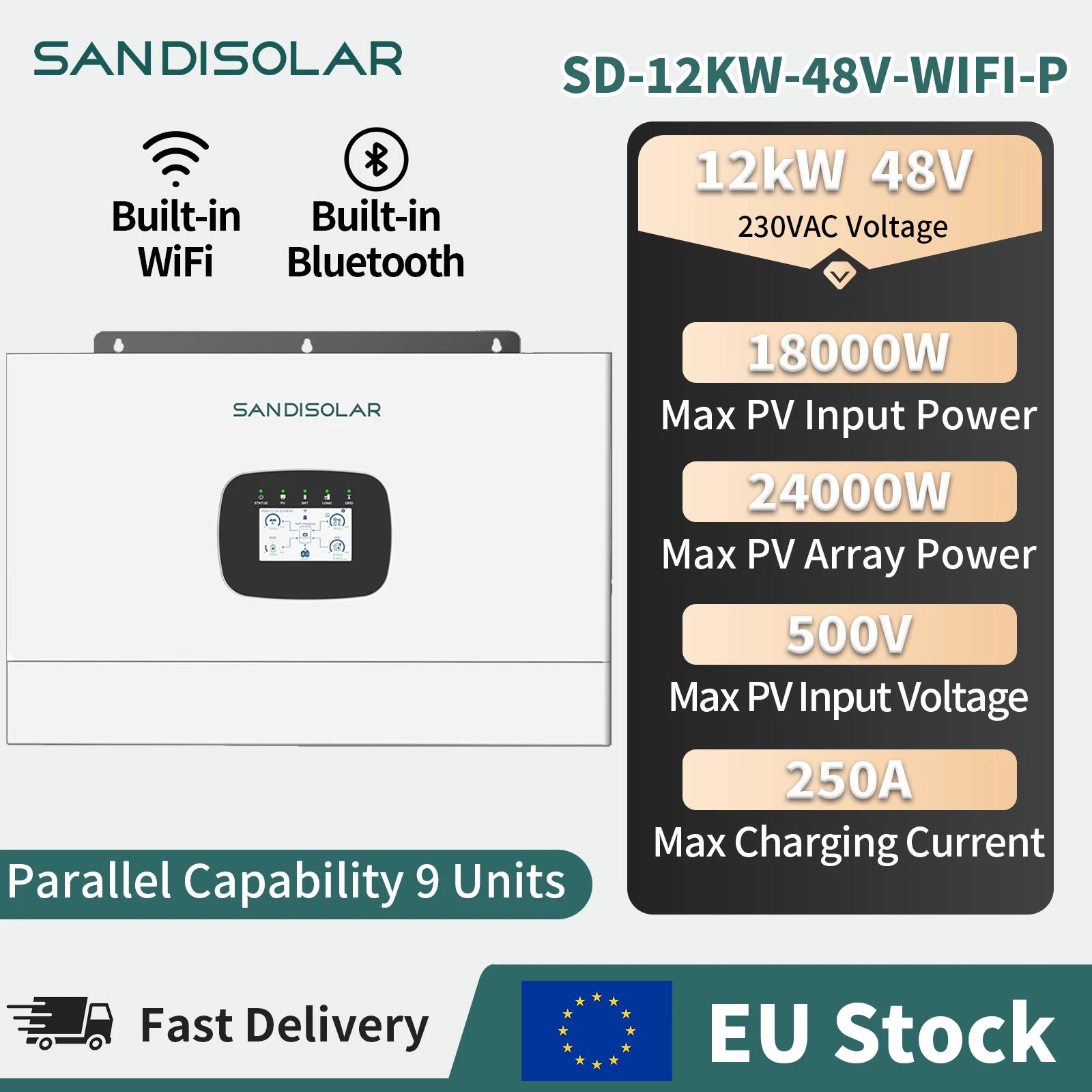 SANDISOLAR 12 kW 48 V, onduleur solaire hybride hors réseau à onde sinusoïdale pure, 230 V, Wi-Fi et Bluetooth intégrés, connectable en parallèle jusqu'à 9 unités, système d'alimentation solaire domestique