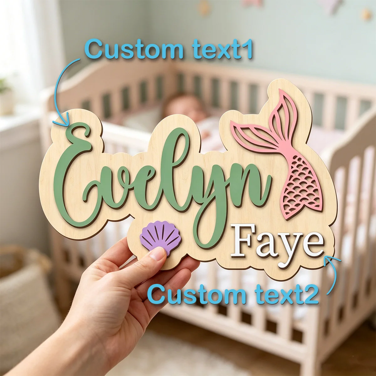 1pc Ocean Themed Double-layer Wooden Surname Brand, Customizable Name, Birthday Gift for Family and Friends, Decorative Gift