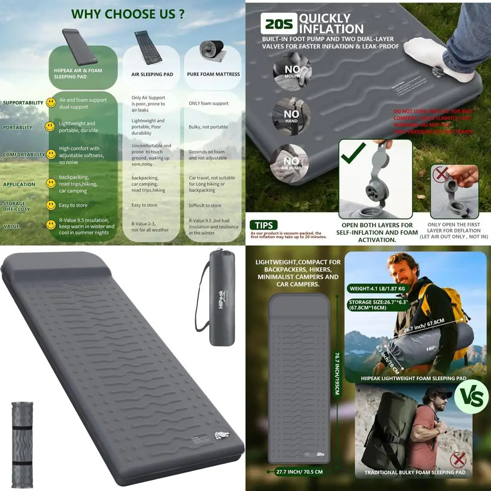 

Memory Sleng Pad, Compact 3" Thick oam Sleng Mats with Pillow, 9.5 R-Value Insulated Camping MattrPad, Easy Iate & late, Iatable