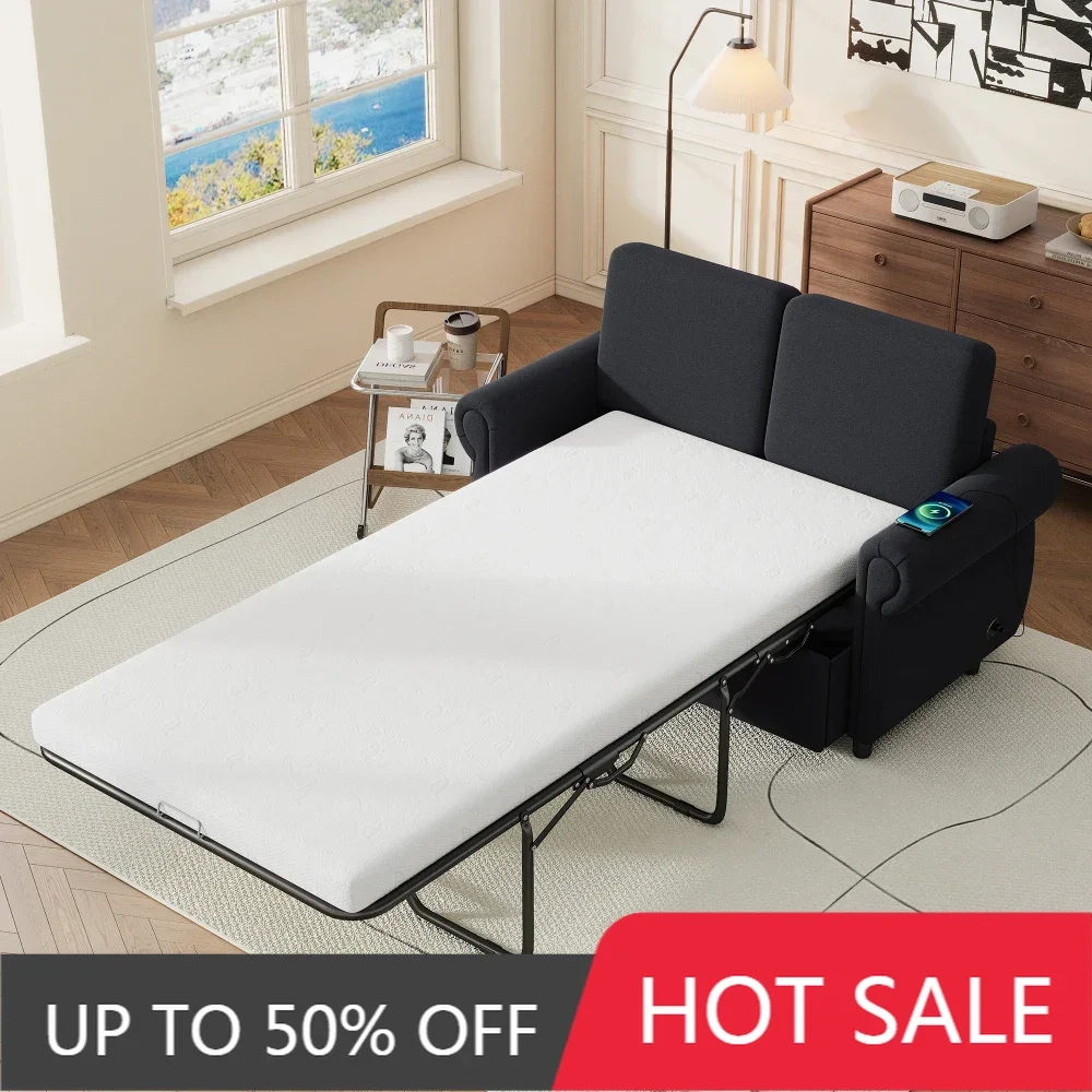 

57.9" Pull Out Sofa Bed Loveseat Sleeper with Twin Size Memory Mattress with Two USB Ports for Living Room Spaces,Black