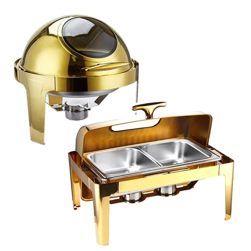

'Luxury Restaurant Hotel Roll Top Chafing Dish Stainless Steel Commercial Electric Gold Heater Buffet Food Warmer Set