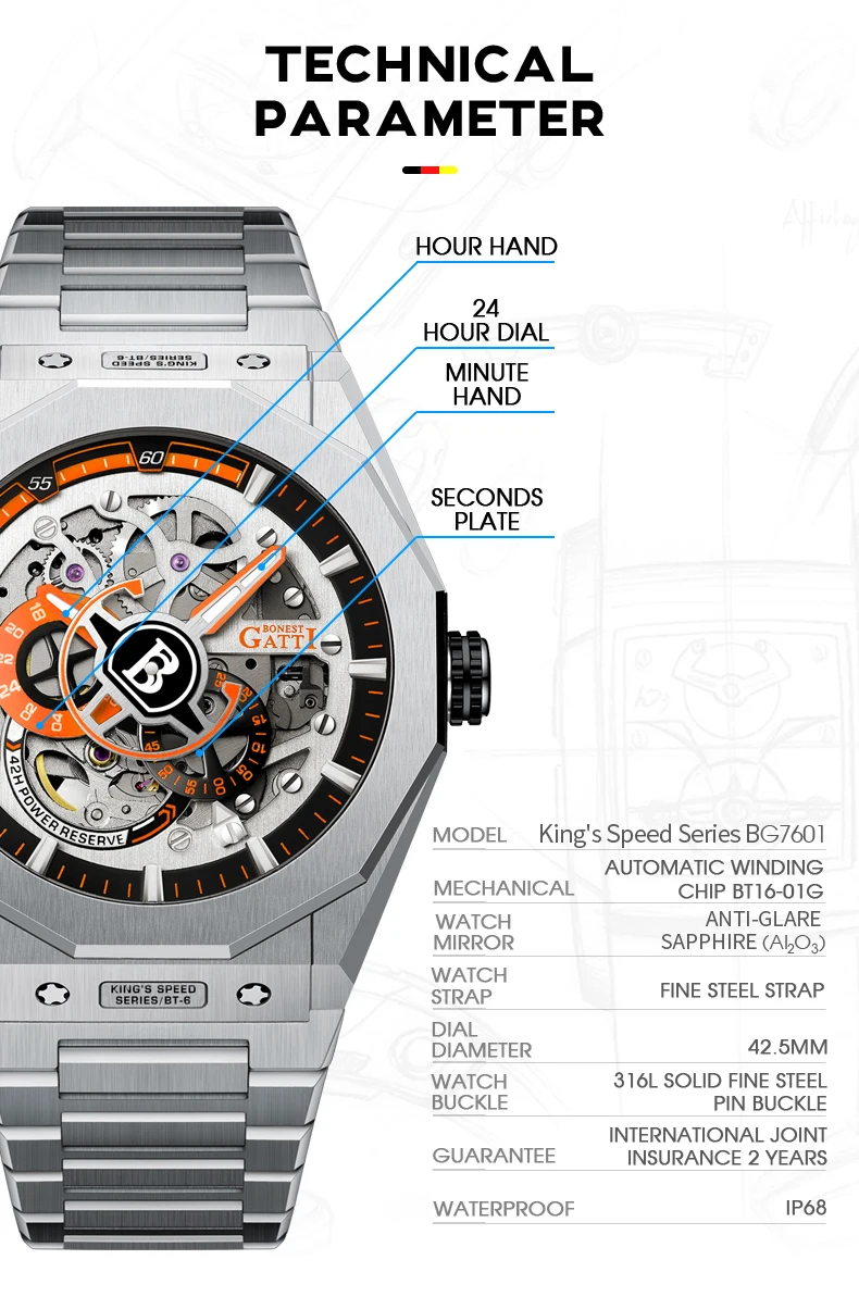BONEST GATTI ساعة أوتوماتيكية للرجال ساعات فاخرة ساعة يد ميكانيكية عسكرية هيكل عظمي مقاوم للماء حزام فولاذي مضيء من الياقوت #6