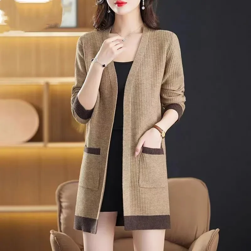 

New Core-covered Knitted Cardigan Women's Mid-length Spring Autumn Shawl Pocket Slimming Sweater Jacket