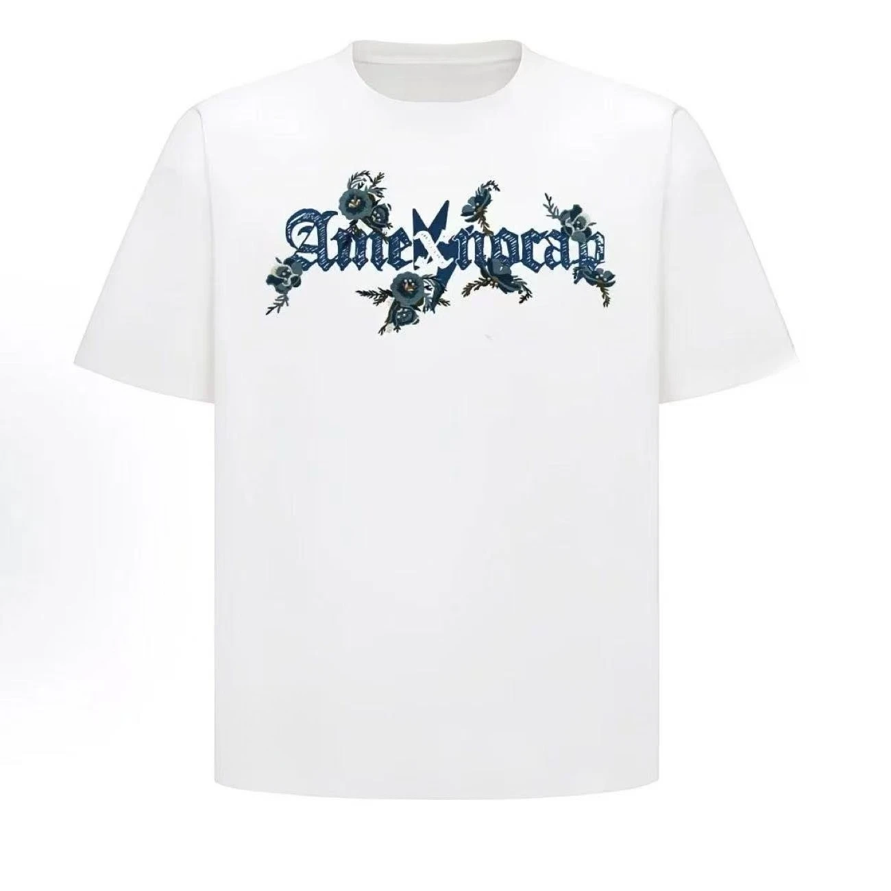 2026 Gothic Font Blue Floral Letter Graphic T Shirt Men Women Oversized Crew Neck Front Print Street Casual Short Sleeve Tee Top