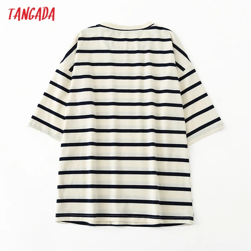 Tangada 2022 Women Striped Cotton T Shirt Short Sleeve O Neck Tees Ladies Casual Tee Shirt Street Wear Top 6L42