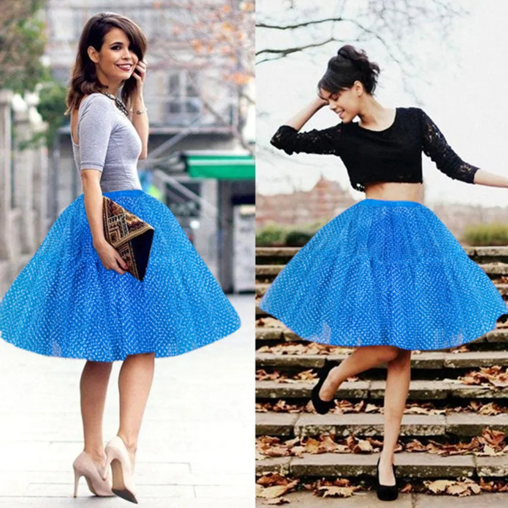 Glänzende erwachsene Frauen geschwollene Petticoat Pailletten feste Tupfen Dame Prinzessin Tutu Tüll Midi knielangen Rock Unterrock Ballkleid