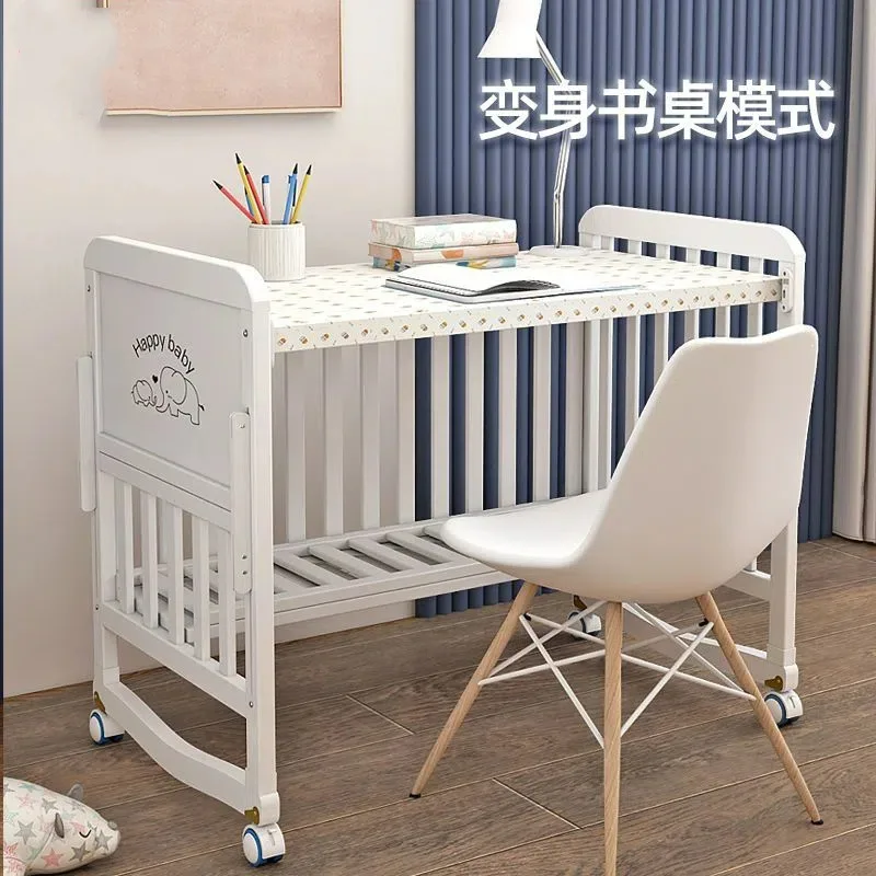 White Solid Wood European Style Baby Crib Movable Treasure Multi-functional Cradle Children's Splicing Bed Newborn Baby Bb