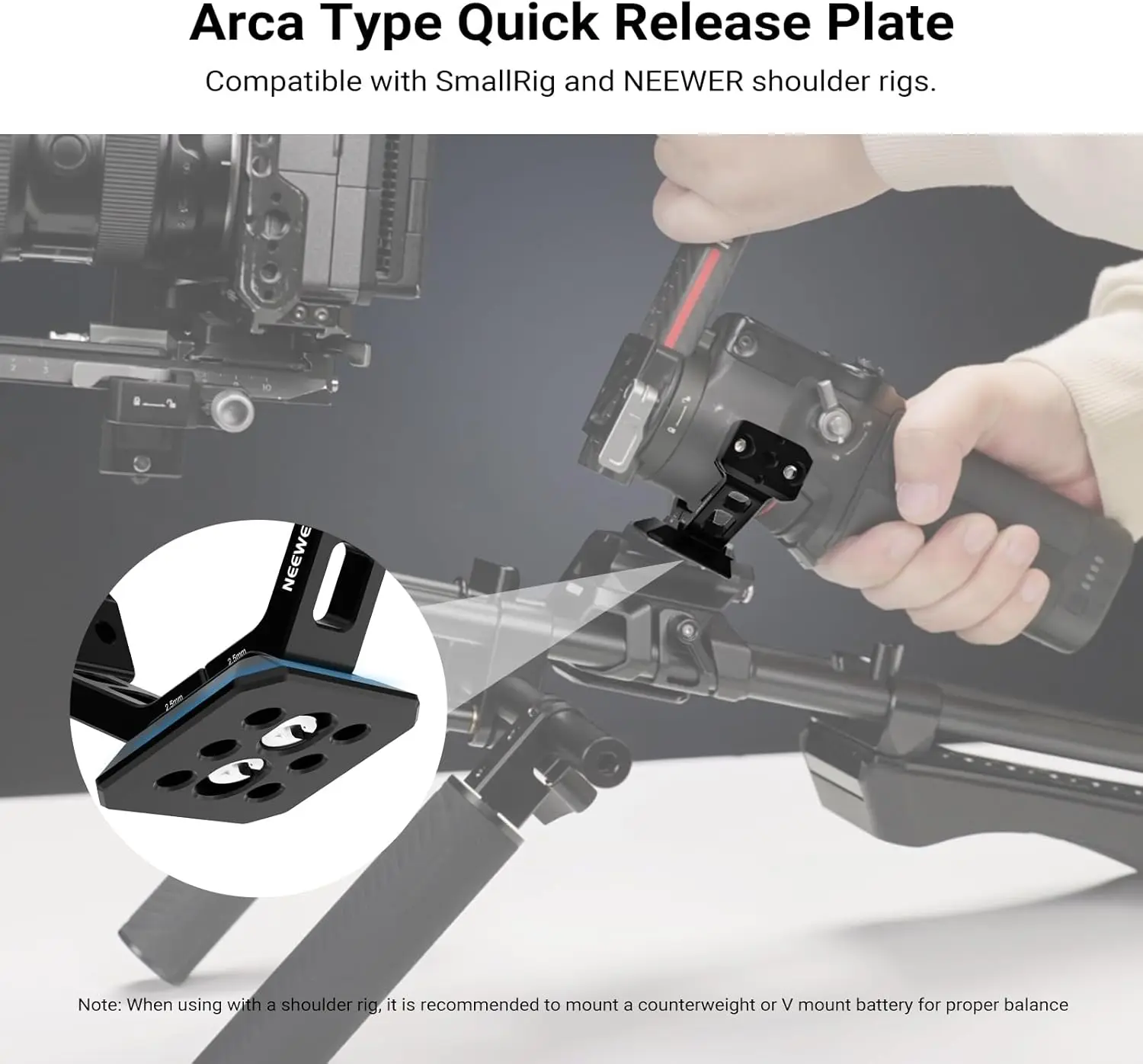 NEEWER Gimbal-Halterung für RS5/RS4/RS4 Pro/RS3/RS Pro, Arca-Typ Schnellwechsel-Schulterrig NATO-Schiene Kamerastabilisator-Adapter – Detail 3