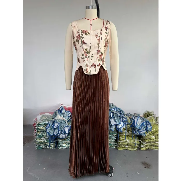 Women's Two 2 Piece Set Floral Print Waist-cinching Sleeveless Vest +Pleated Long Skirts Suit Summer 2025 Party Evening Outfit