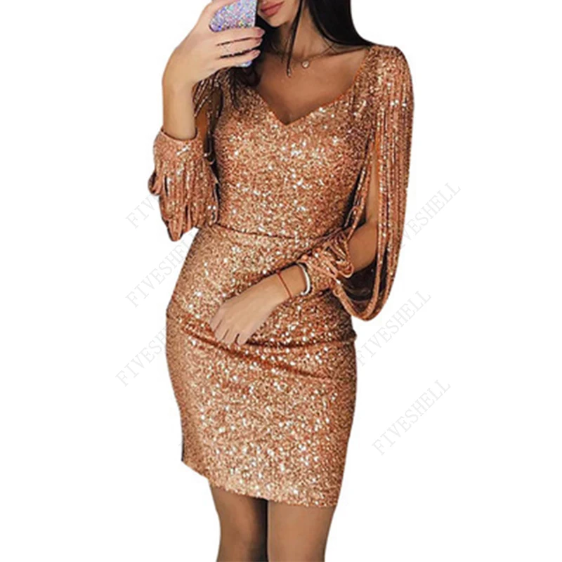 Spring Plus Size Dresses for Women Y2K  V-neck Tassel Bag Hip Vestidos Sequins Flapper Design Fashion Party Costumes