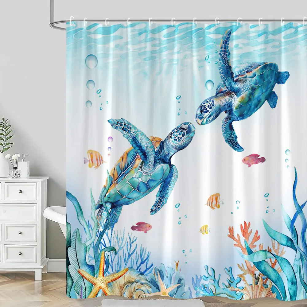 Funny Sea Animal Shower Curtain Nautical Sea Turtle Seahorse Cat Dog Coral Octopus Anchor Fish Polyester Bathroom Decor Curtain