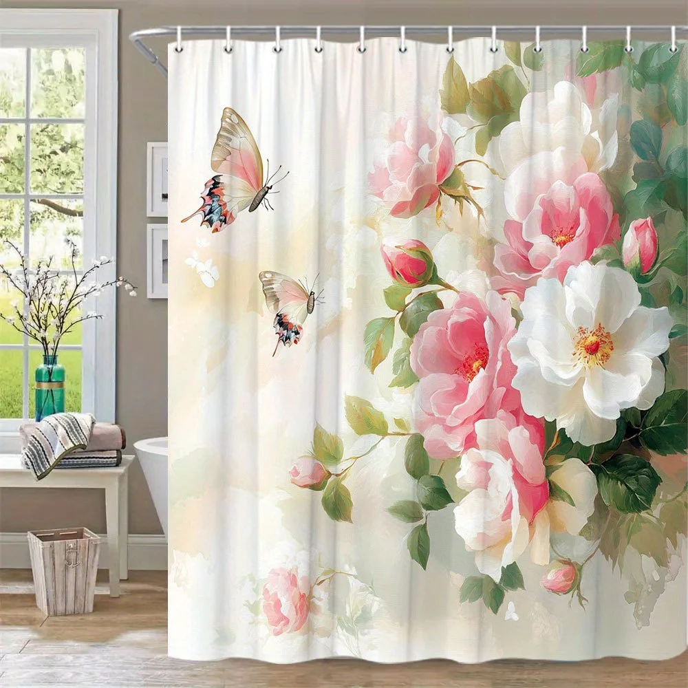 1pc Romantic Roses Bath Curtain Delicate Pink White Bouquet Green Leaves Translucent Butterflies Cream Pale Pink Gradient Backgr