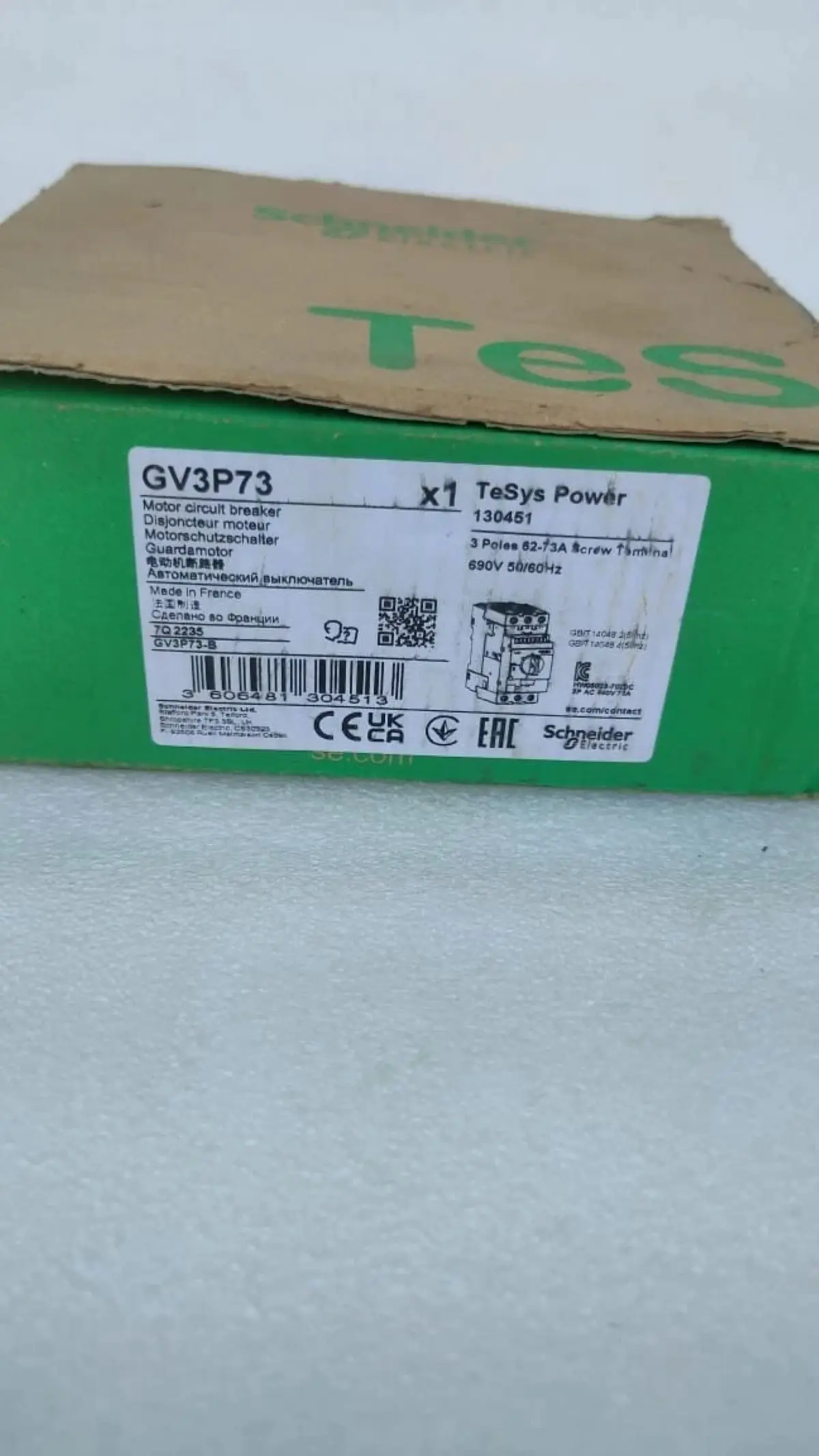 GV3P73 GV3-P73 circuit breaker, GV3, 3P, 62-73 A, thermal magnetic, EverLink terminals
