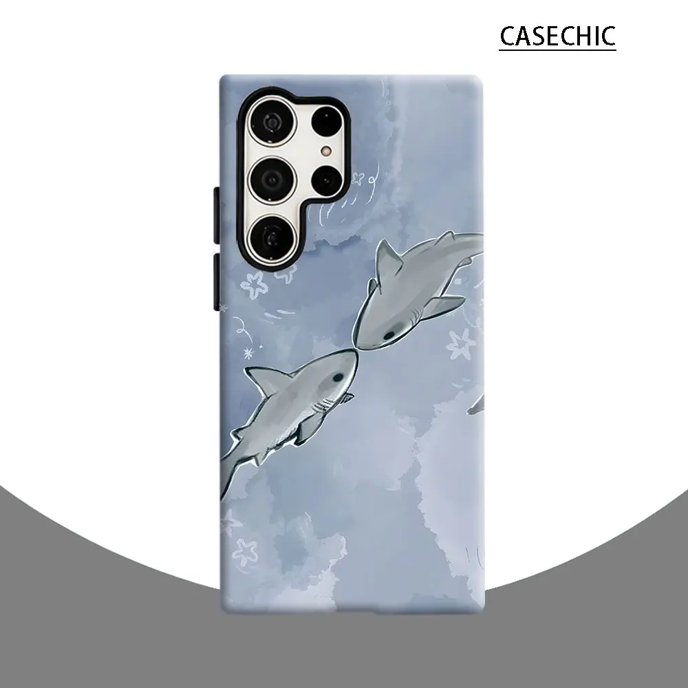 Watercolor Sharks Phone Case for Samsung Galaxy S26 S25 Ultra S24 S23 Ultra Plus Shockproof Double layer tough Back Cover