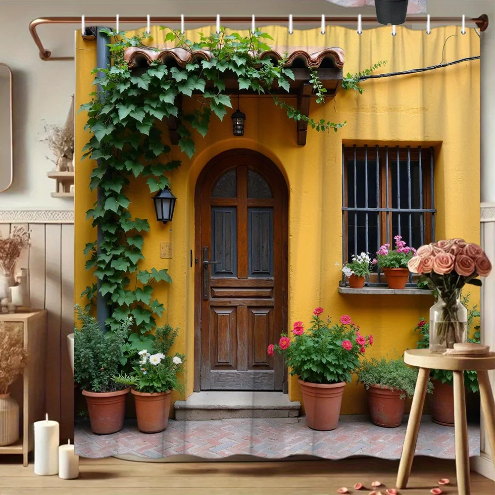 Mediterranean Yellow Stucco House Brown Wooden Arch Door Green Ivy Potted Flower Print Shower Curtain Waterproof Mildew Resistan