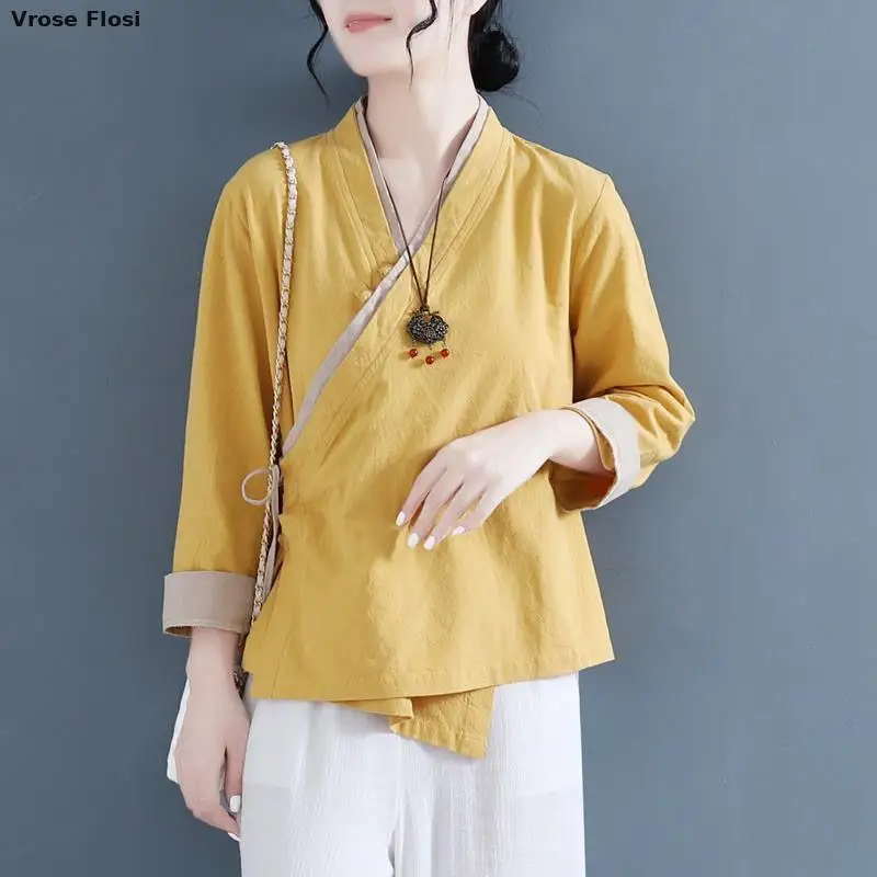 2024 Cotton Linen Shirt Women's Spring Ethnic Harajuku Tang Suit Top Vintage Embroidery Loose Chinese Style Tradition Blouse Xxl