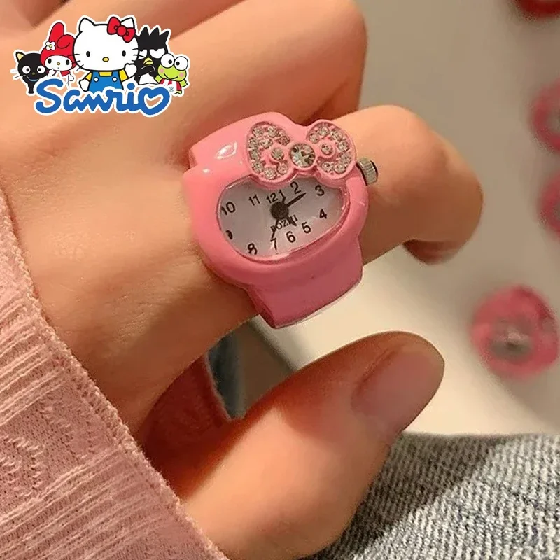 Kawaii Hello Kitty Watch Ring Sanrio Cartoon Creative Diamond Watch Adjustable Ring for Women Birthday Gifts Girls Jewelry