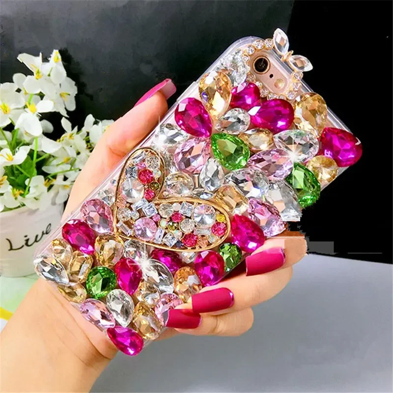 Luxury Bling Crystal Rhinestone Case With Cute Diamond Heart Shining Case Cover For iphone15 14 11 12 13 XS MAX XR 16 PLUS Cases