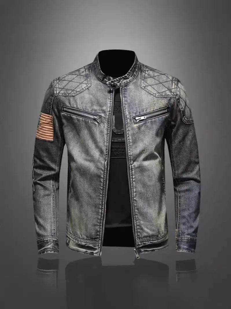 2024 New Denim Distressed Standing Collar Motorcycle Suit Slim Fit Men's Jacket