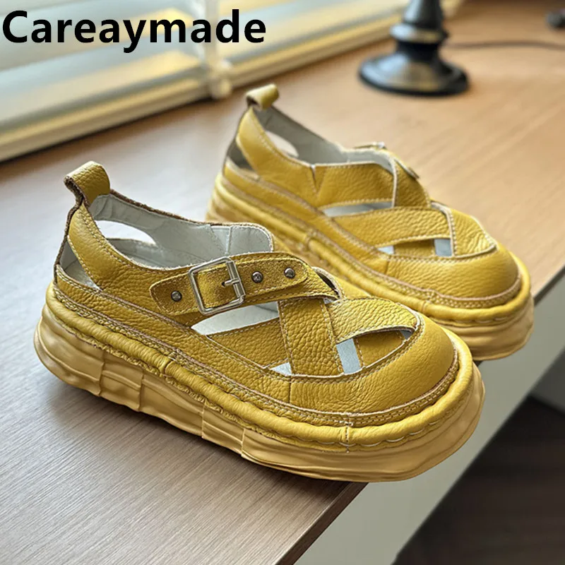 

Careaymade-Genuine Leather wider toe women's shoes,handmade thick soled cake mesh surface summer casual breathable women sandals
