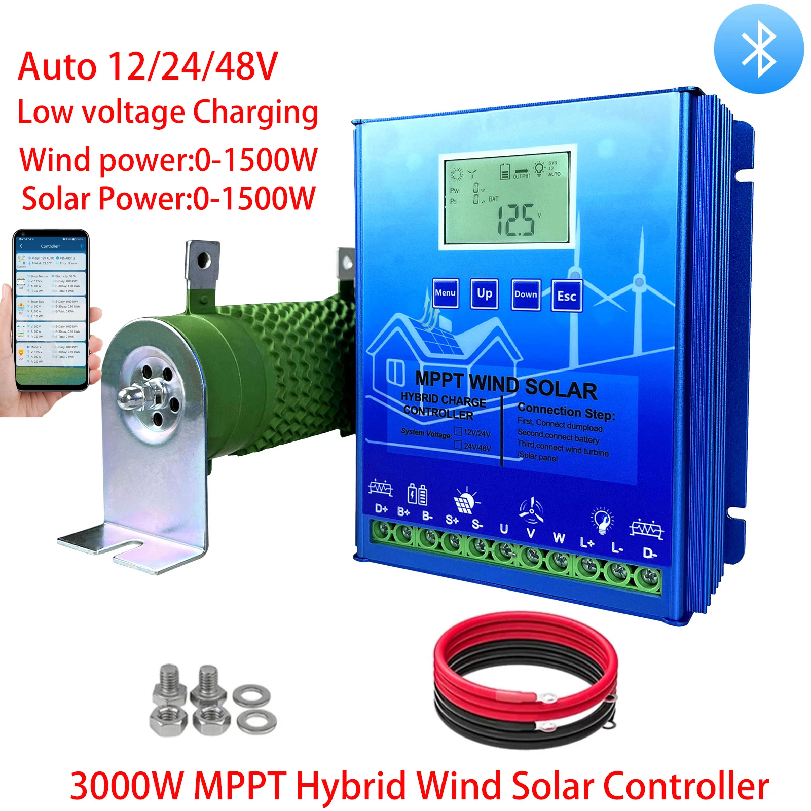 Mppt Vento Solar Híbrido Controlador de Carga 3000w 12v 24v 48v pv Turbina Eólica Wifi Regulador para Lifepo4 Lítio Chumbo Ácido Bateria