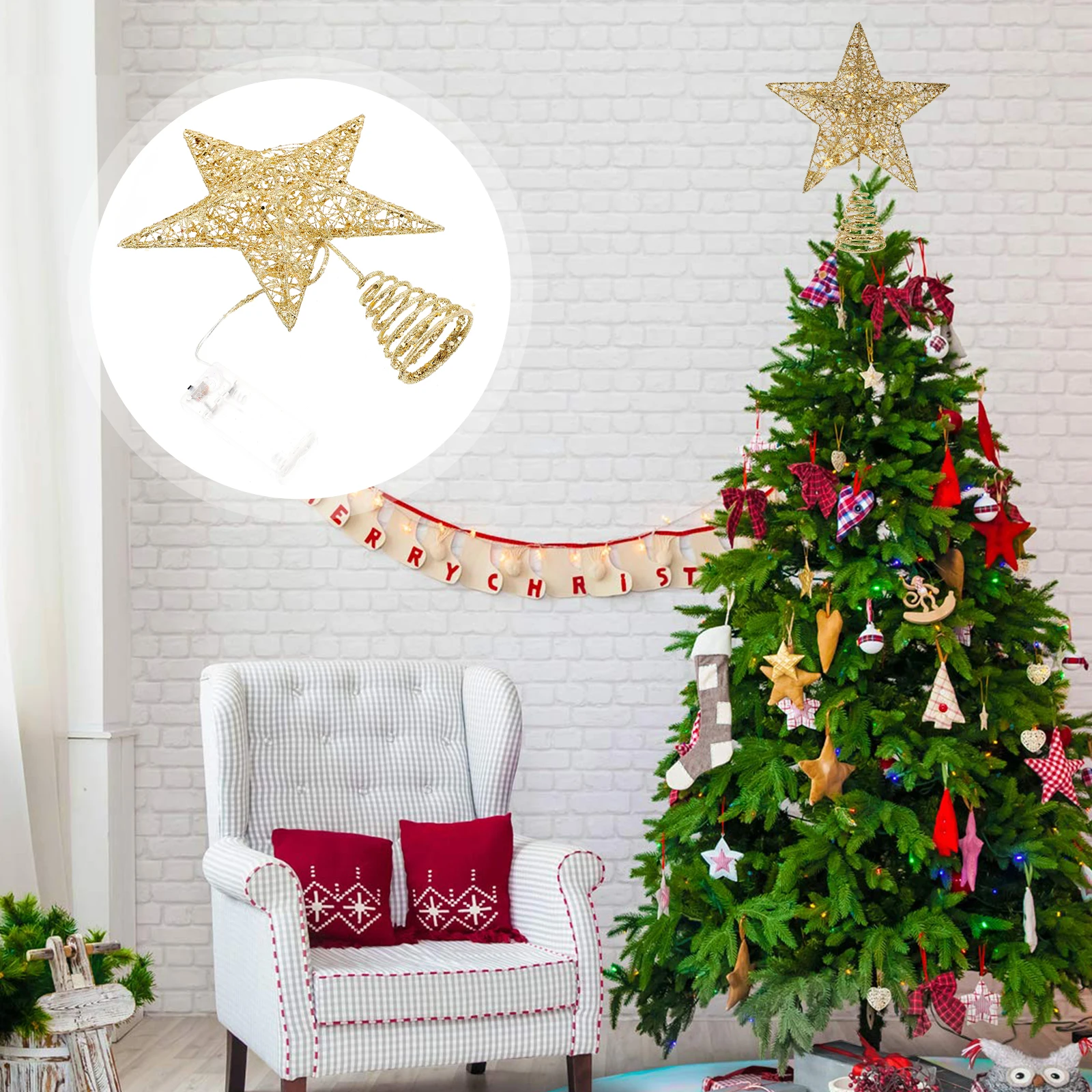 

1PC Five Pointed Star Light Tree Topper Xmas Decor Outdoor Party Wedding Iron Plastic Bright Simple Lamp Warm