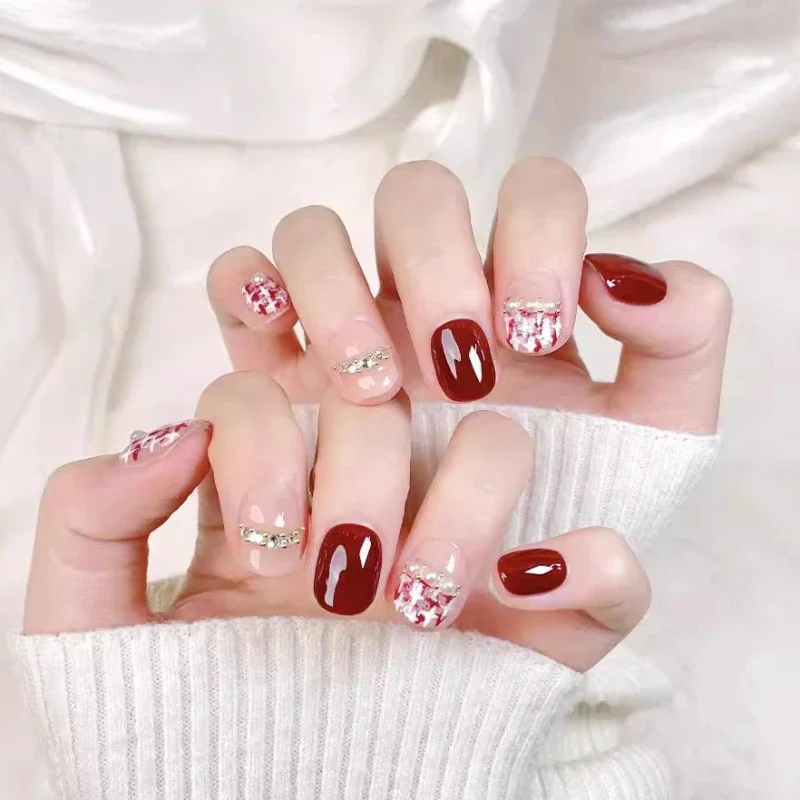 10Pcs Red Chic Press-On Nails Elegant French Style with Pearl Short Handmade Lattice Full Cover Fake Nails Tips for Women&Girls