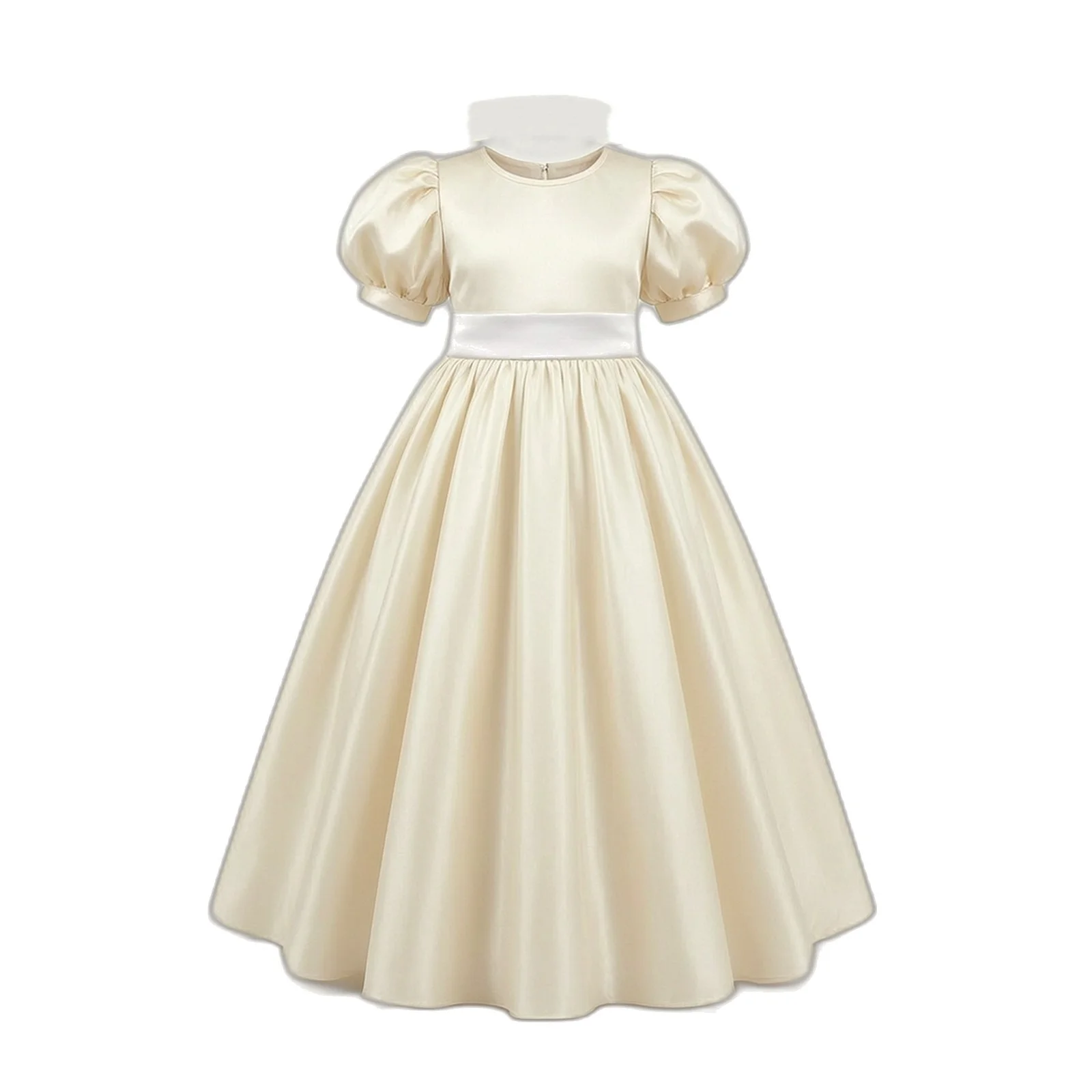 Girls Ivory Satin Dress Puff Short Sleeve Wide Waistband High Wedding Waist Full A-Line Maxi Gown Kids Flower Girl Vestidos