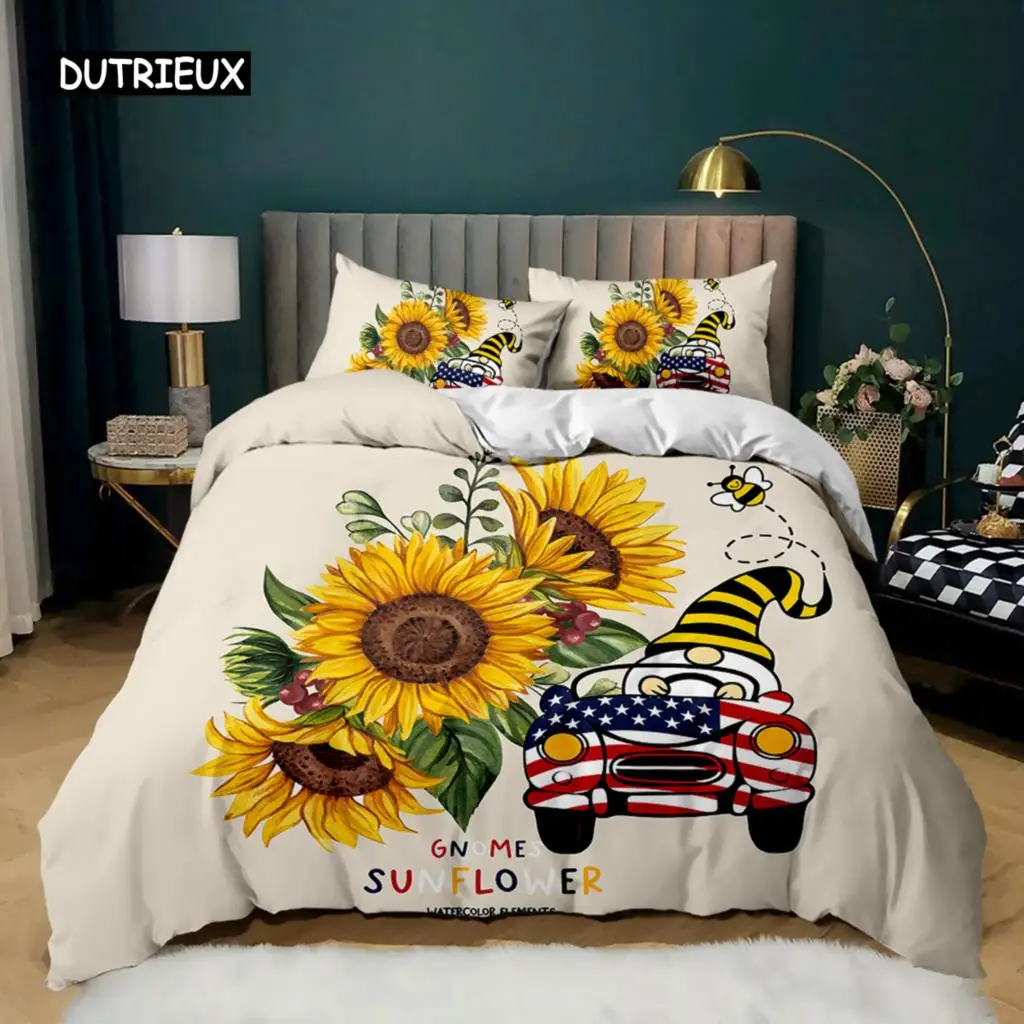 

Sunflower Duvet Cover Set Yellow Flower America's Faceless Man Drive Car Bedding Set Polyester Rustic Country Style Quilt Cover