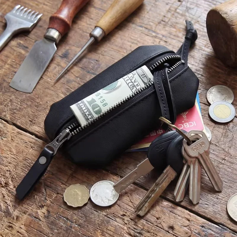 Leather Key Pouch Mini Zipper Coin Purse Smooth Top Grain Cowhide Car Key Case Vintage Slim Pocket Organizer Bag for Men