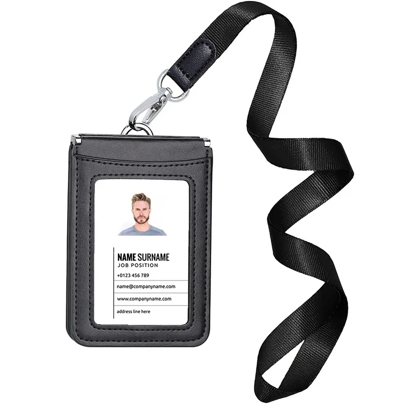 US Top Grade Genuine Leather ID Badge Holders with Neck Lanyard Formal Staff Office Worker Supplies Magnet closed ID Card Cover