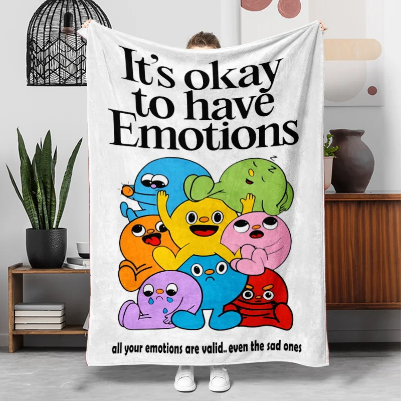 Cute Cartoon Emotion Character Flannel Throw Blanket,Positive Quote Print Soft Blanket for Kids Bedroom Sofa Cozy Home Decor Use