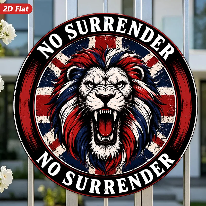 CIFBUY 2D Flat Round Metal Wall Art British Lion Flag Never Surrender Motivational Sign Waterproof Durable Home Decor for Living