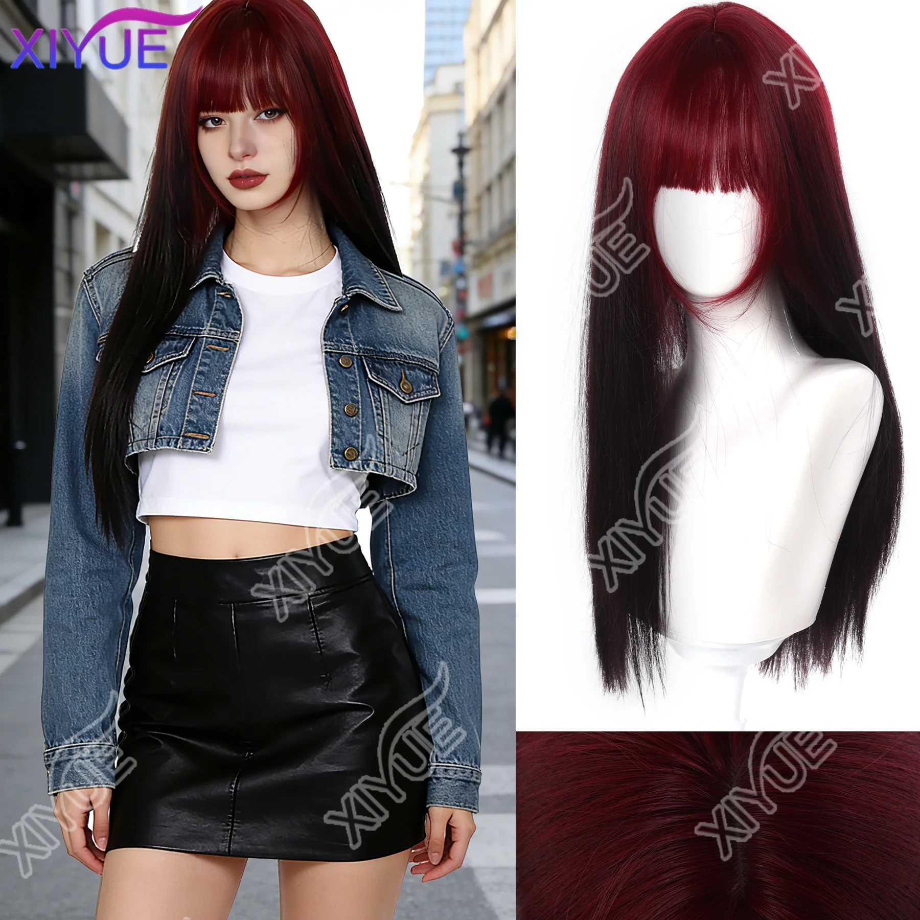 

XIYUE Черный винно-красный длинный волнистый синтетический парик Высокотемпературный натуральный парик с челкой Красочные вечерние волосы для косплея для чернокожих женщин