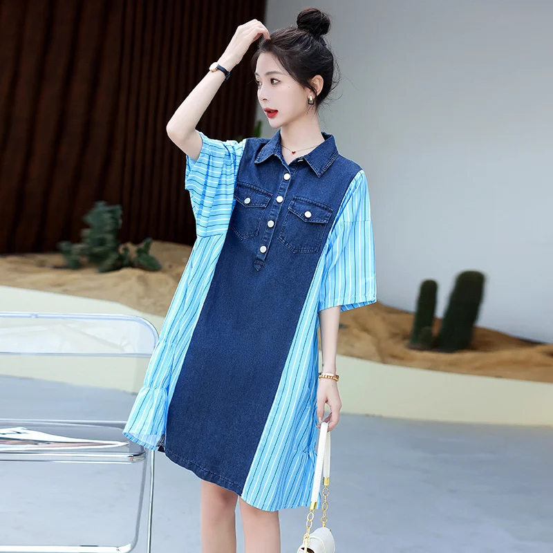 #3144 Summer Denim Shirt Dress Women Batwing Sleeve Loose Polo Neck Spliced Color Asymmetrical Short Shirt Dress Female Buttons