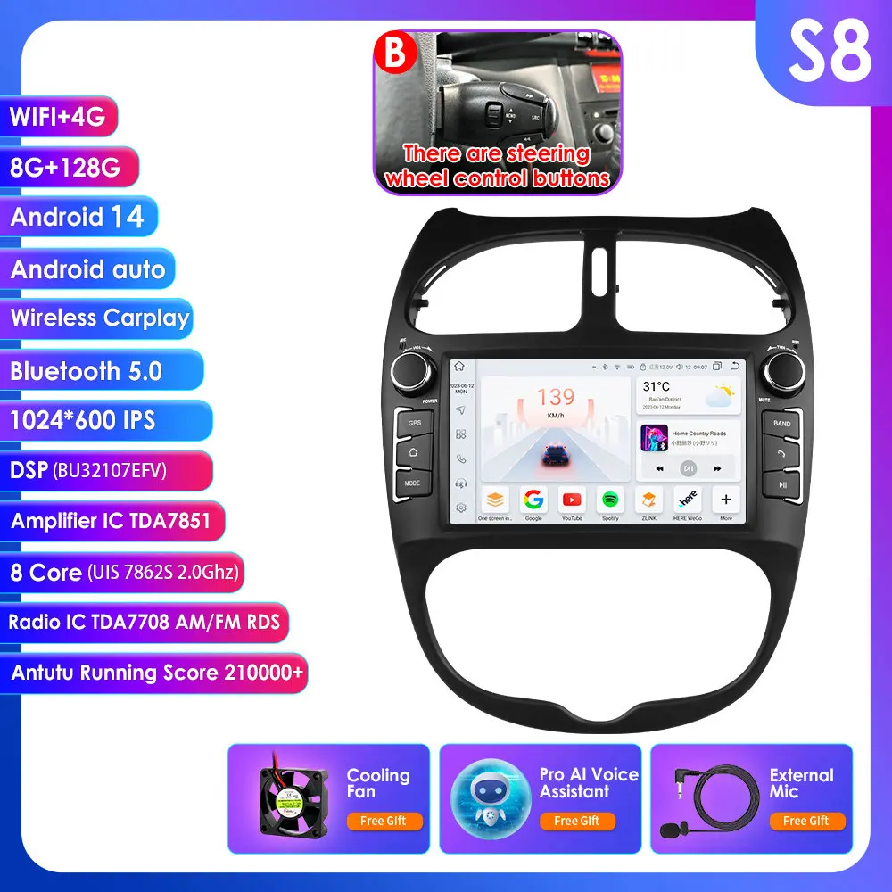 Voor Peugeot 206 2001-2008 Autoradio Multimedia Video Player Navigatie GPS 4G Carplay Android 14 AutoRadio stereo 7 ''Hoofd Unit