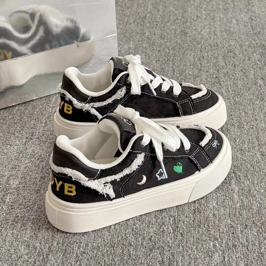 Vintage Vulcanized Frayed Canvas Shoes Women Star Embroidery Trainers Chunky Platform Retro Plimsolls Casual Distressed Sneakers