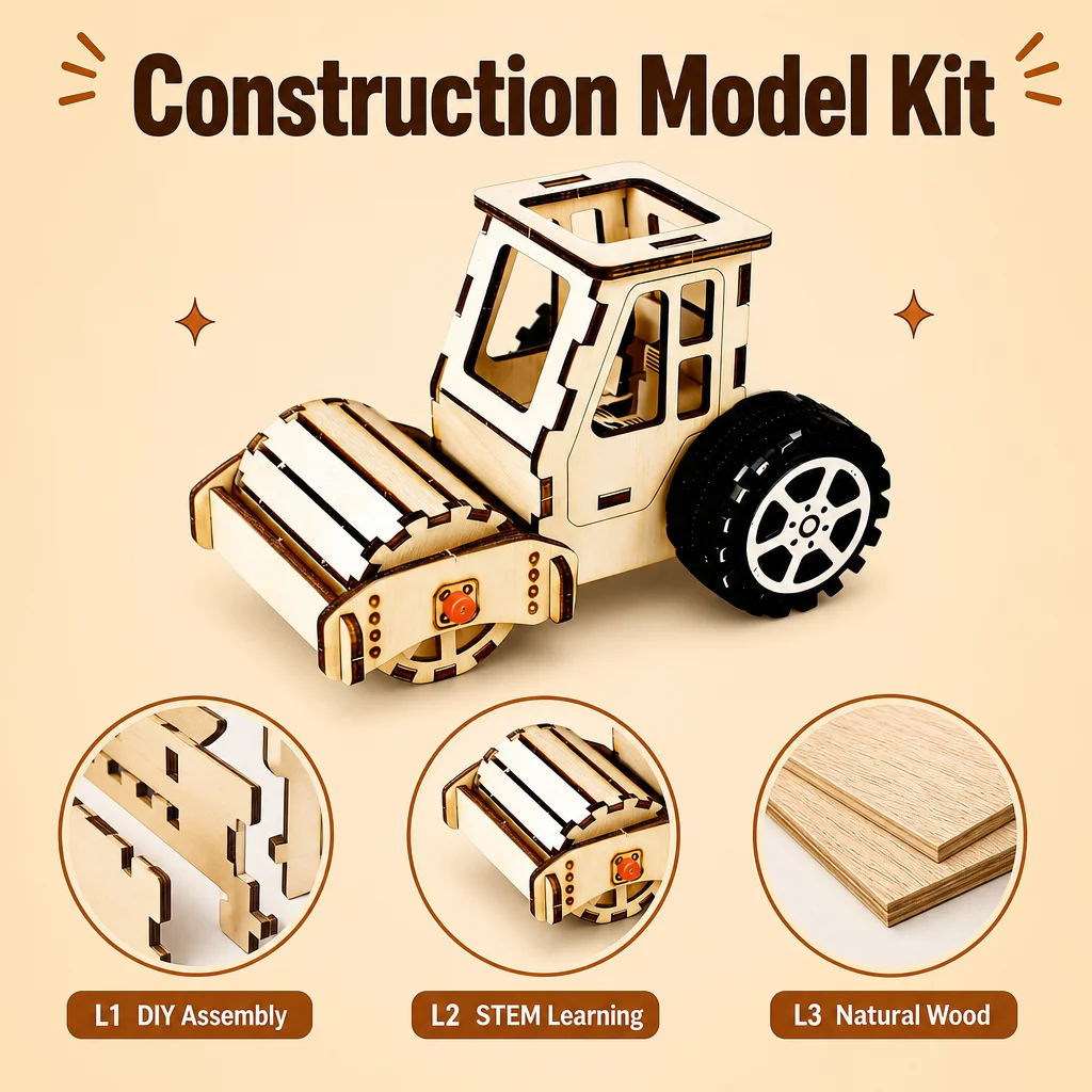 Wooden DIY Steamroller Road Roller STEM Science Experiment Kits for Kids Educational Toys 3D Puzzle Teaching Aids School Project view 5