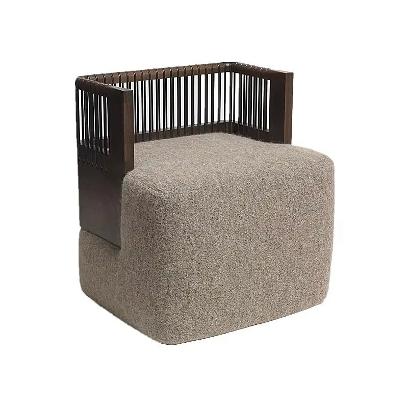 Modern eco-friendly wooden armchair with textured fabric seat and hollow frame design