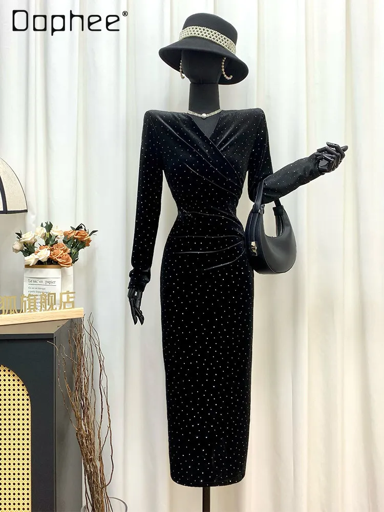 

Длинное бархатное платье в стиле Хепберн с черными стразами для женщин, вечернее платье «Богиня», весеннее французское элегантное платье для светских мероприятий, приталенное