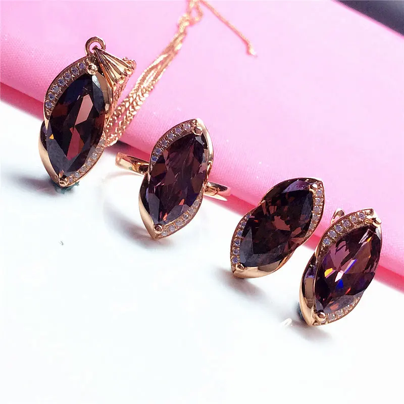 585 Purple Gold Plated 14K Rose Gold Inlaid Marquise Ruby Women's Jewelry Set New Classic Luxury Wedding earrings rings