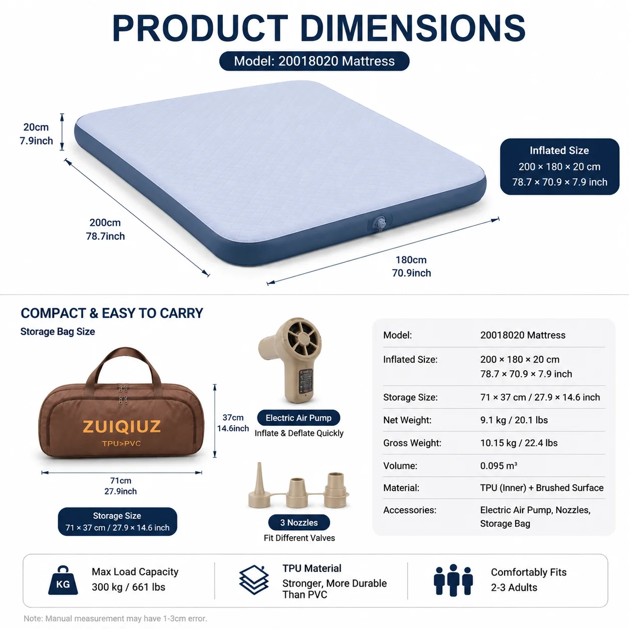 TPU Drop Stitch Inflatable Mattress Quiet Sleeping Bed Built-in PumpComfortable Inflatable Bed Outdoor Tear-Resistant Air Bed