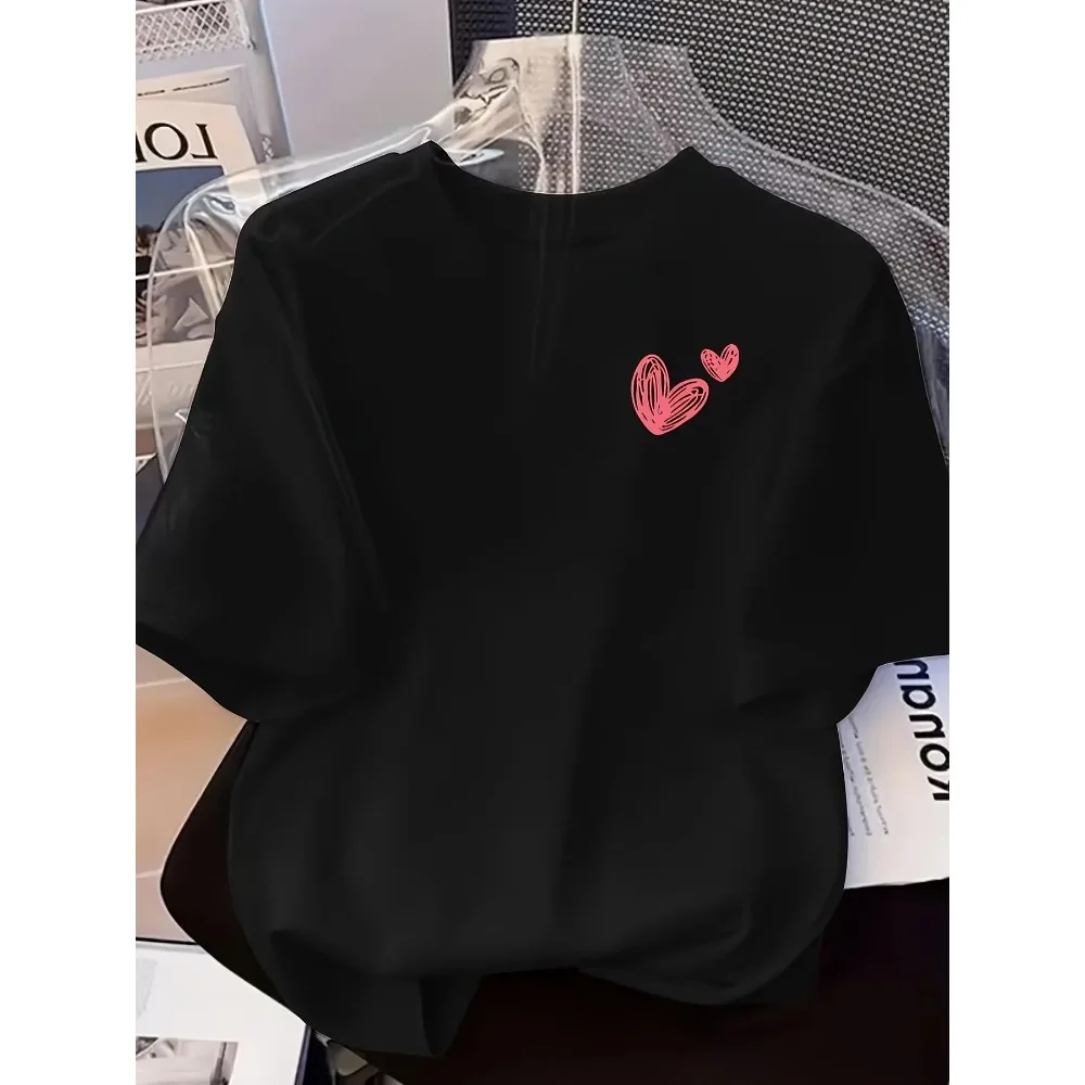 Hand Drawn Pink Twin Hearts Chest Print Women Crew Neck T-Shirt Black White Basic Casual Summer Short Sleeve Tee