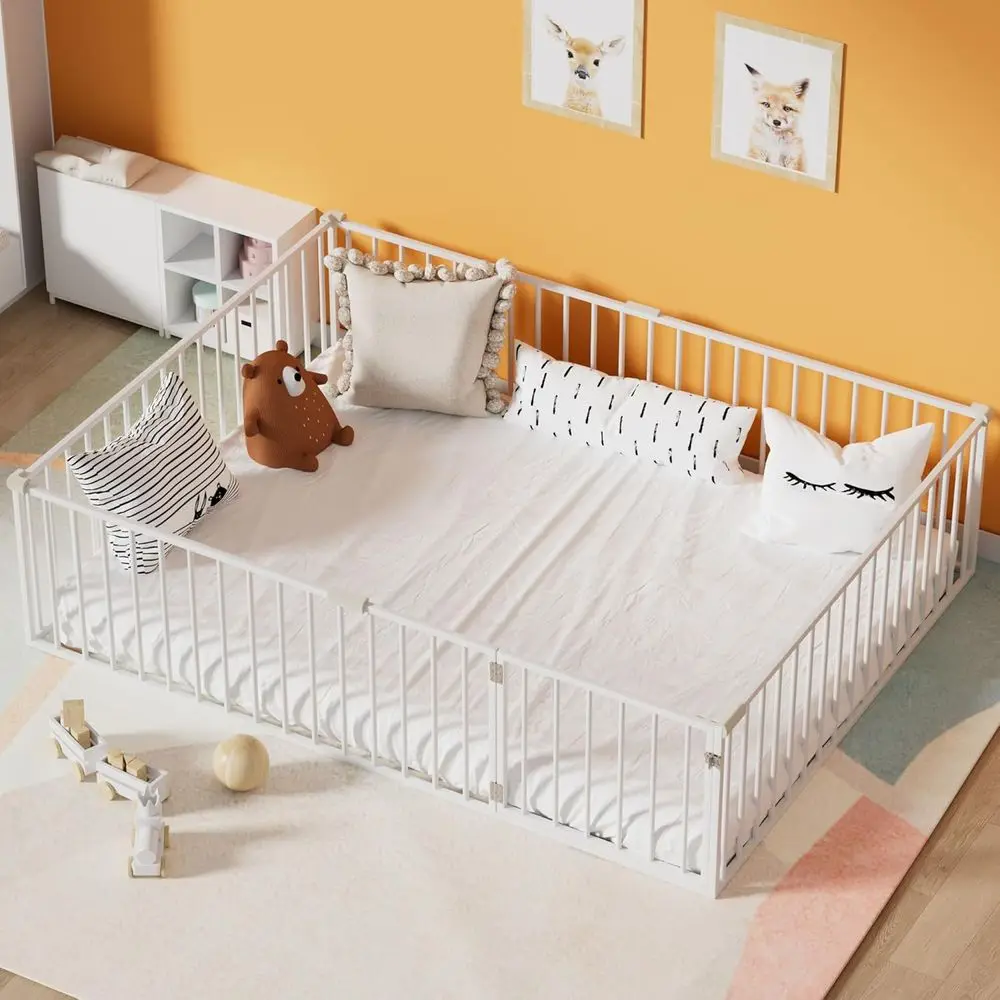 Multifunctional Metal Montessori Floor Bed with Door and Safety Rails, No Weight Limit, Easy Assembly, White