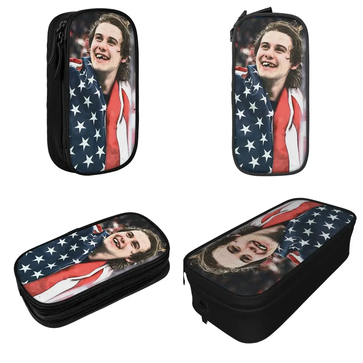 Jack Hughes Golden Goal USA Hockey Pencil Cases Fun Pen Bag Kids Big Capacity Students School Gift Pencil Box