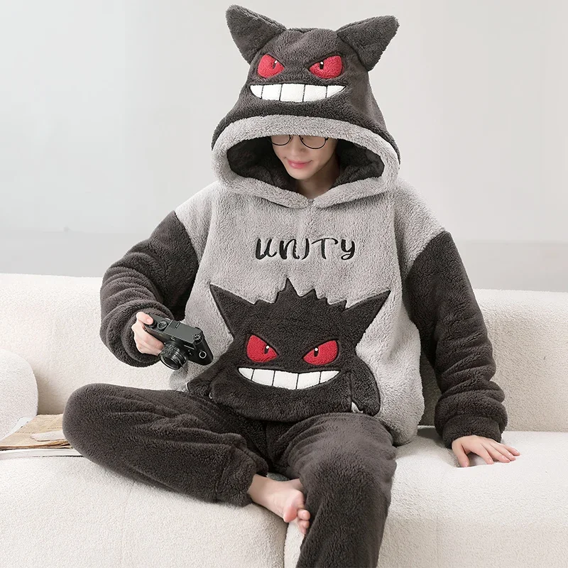 Winter Korean Pijama Sets for Men 2PCS Adult Loose Cartoon Anime Sleepwear Hooded Pyjama Male Loungewear Thicken Soft Pijamas