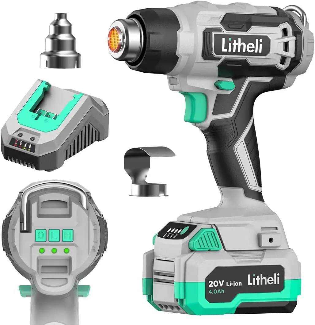 Cordless Heat Gun 20V, Hot Air Gun Kit – Portable, 3 Temperature Settings Up to 932°F, 2 Nozzles, Airflow 200L/min (13m/s), Lightweight 1.5 lbs, Overheat Protection, for DIY, Solder Removal, Defrosting, Includes 4Ah Battery & Charger