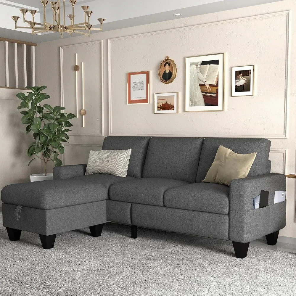 Convertible Sectional Sofa Couch,Dark Grey Linen Fabric Modern 3Seat L Shaped Upholstered Couch Set with Storage Reversible