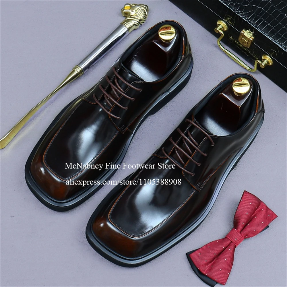 Patent Leather Square Toe Lace up Derby Shoes Handmade Men Formal Shoes Texture Business Casual Daily Gentlemen Dress Shoes