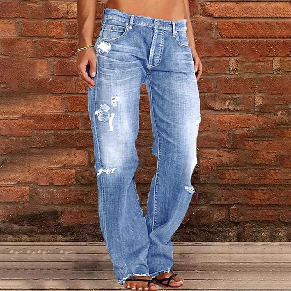 Full Length Women Jeans Vintage Distressed Wide Leg Pants Denim Wash Loose Fit 2026 Summer Pockets Solid Spliced High Waist